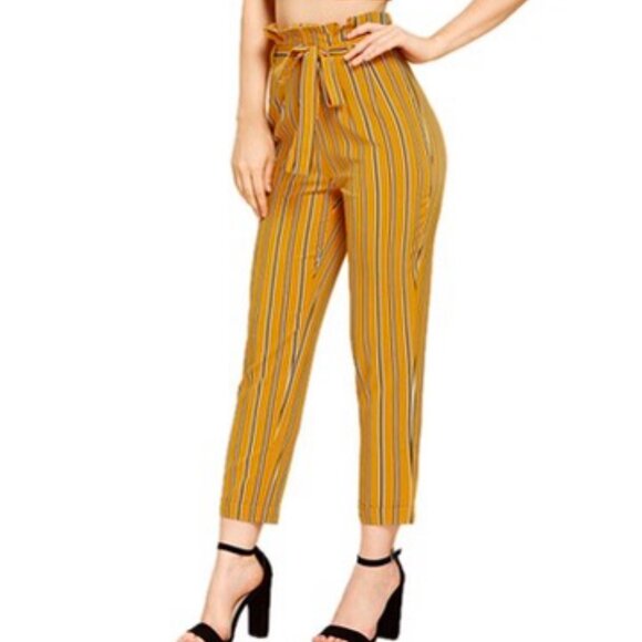 Topshop Striped Paper Bag Pants Mustard Black Womens Size US 8 - Picture 7 of 9